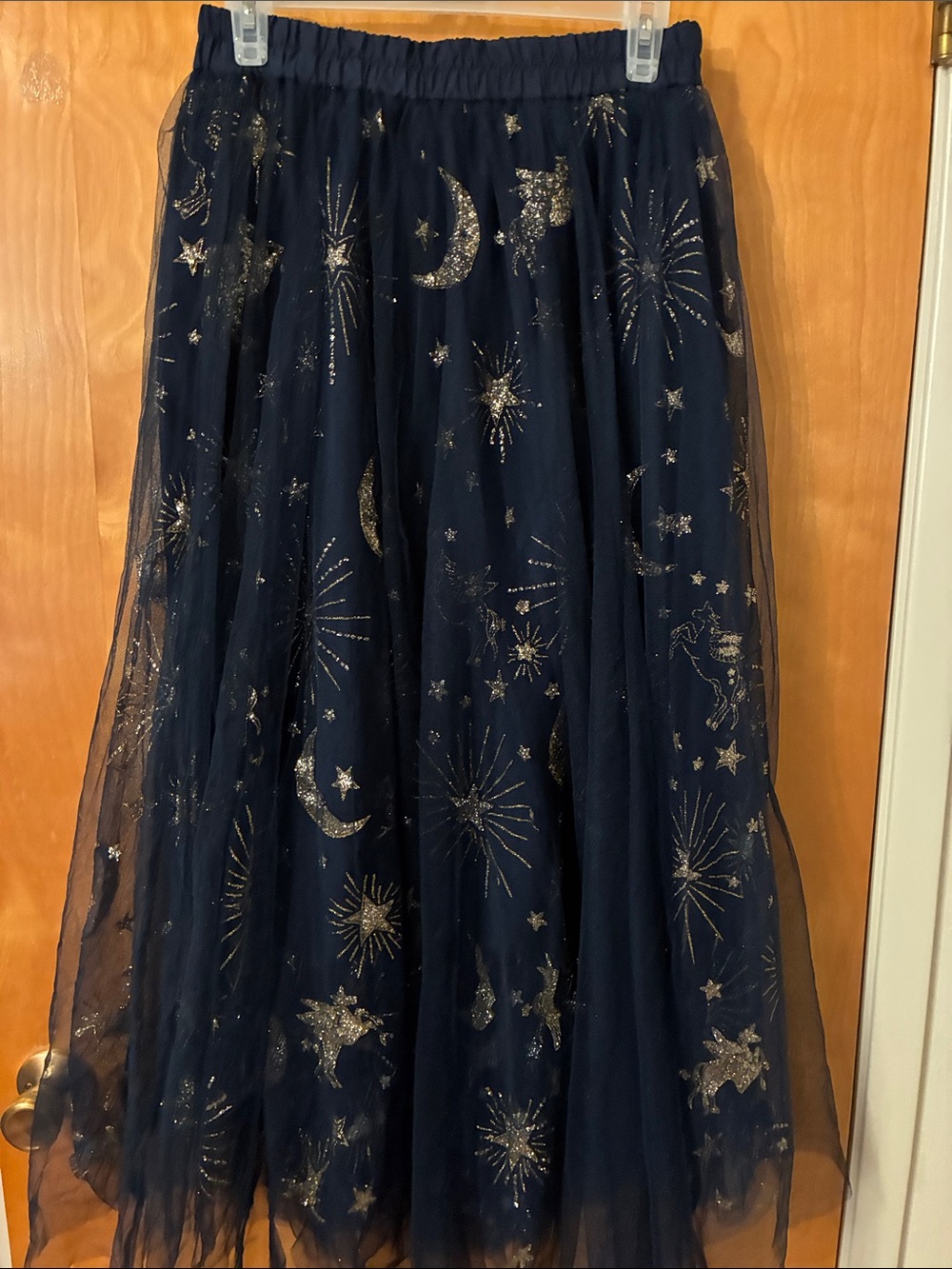 Navy Blue Tulle Maxi Skirt with Gold Star & Moon Embroidery L